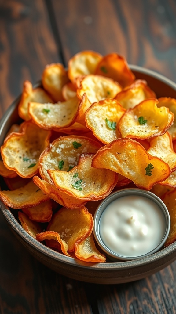 A bowl of golden brown homemade potato chips with a side of dip on a wooden table.